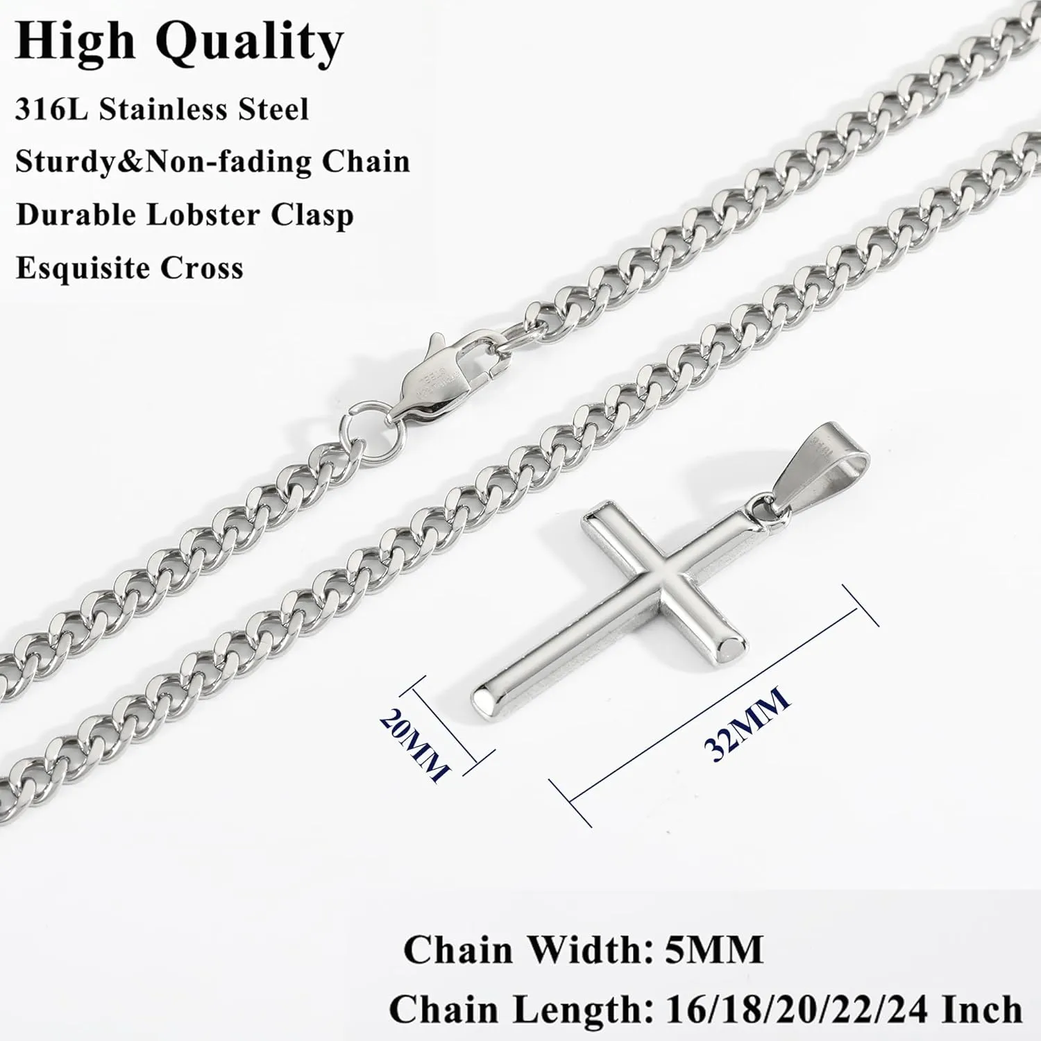 316L Stainless Steel Cross Necklace Graduation Gifts for Men Boys, Silver Gold Black Mens Boys Chain Necklaces 5mm Non-Fading Sturdy Cuban Chain with Cross Pendant Jewelry for Him 16-24inch