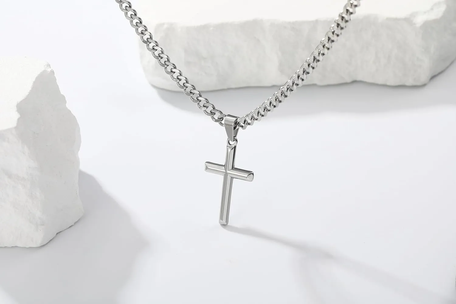 316L Stainless Steel Cross Necklace Graduation Gifts for Men Boys, Silver Gold Black Mens Boys Chain Necklaces 5mm Non-Fading Sturdy Cuban Chain with Cross Pendant Jewelry for Him 16-24inch