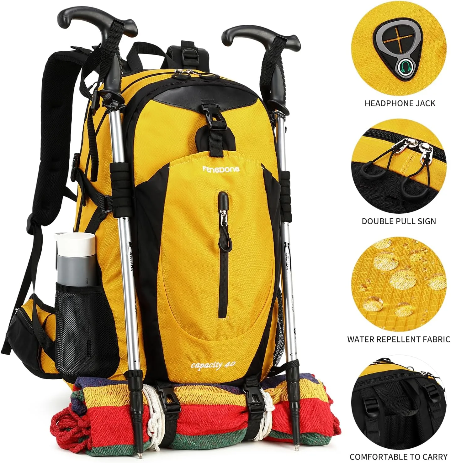 40L Waterproof Lightweight Outdoor Daypack Hiking,Camping,Travel Backpack for Men Women Yellow