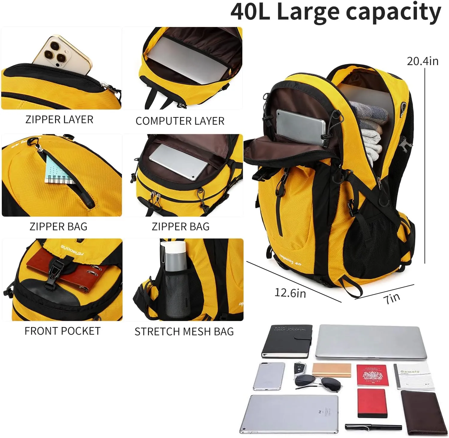 40L Waterproof Lightweight Outdoor Daypack Hiking,Camping,Travel Backpack for Men Women Yellow