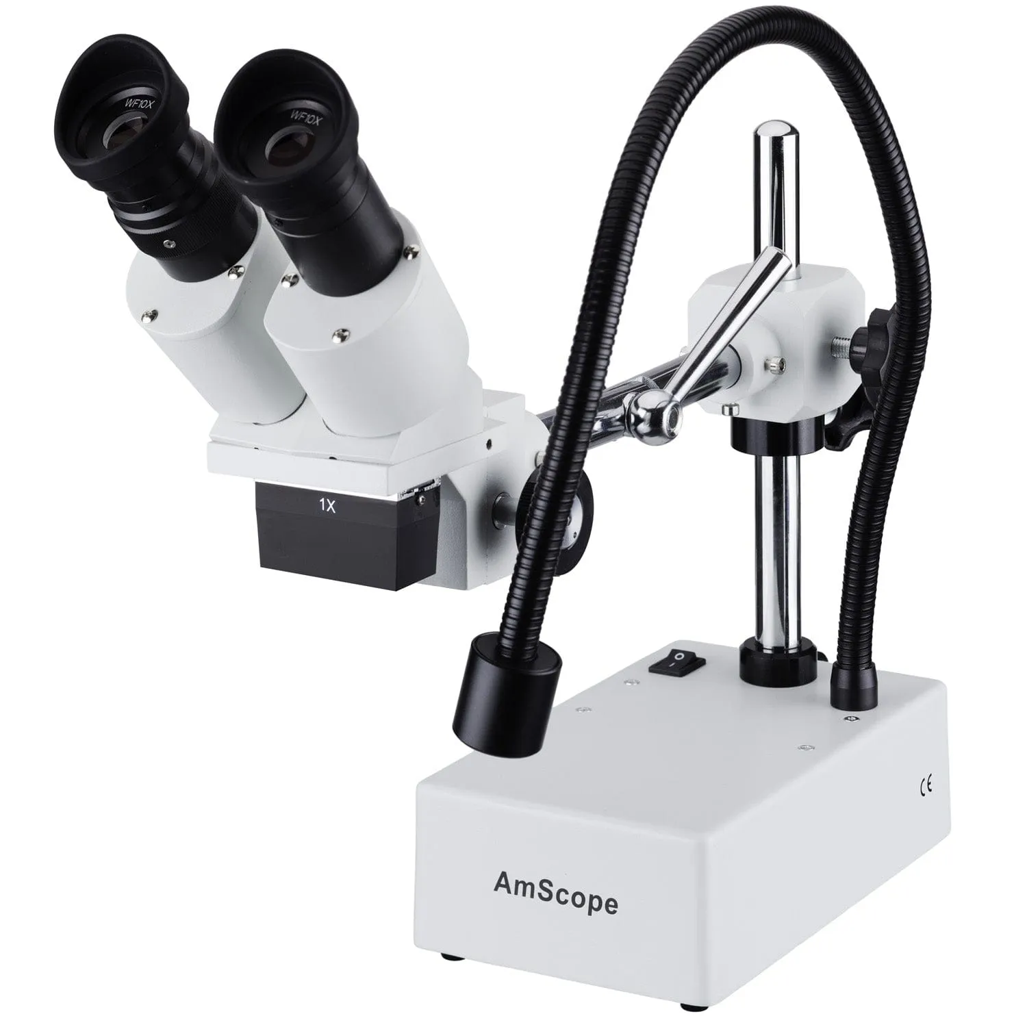AmScope SE410 Series Compact Fixed-Lens Binocular Stereo Microscope 10X Magnification on Boom-Arm Stand with Gooseneck LED Light