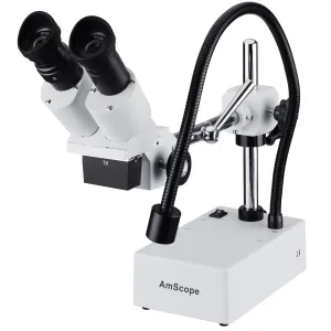 AmScope SE410 Series Compact Fixed-Lens Binocular Stereo Microscope 10X Magnification on Boom-Arm Stand with Gooseneck LED Light