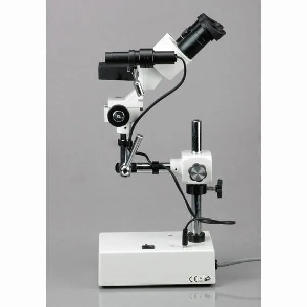 AmScope SE420 Series Compact Fixed-Lens Binocular Stereo Microscope 20X-40X Magnification on Boom-Arm Stand with Side Light and Digital Camera