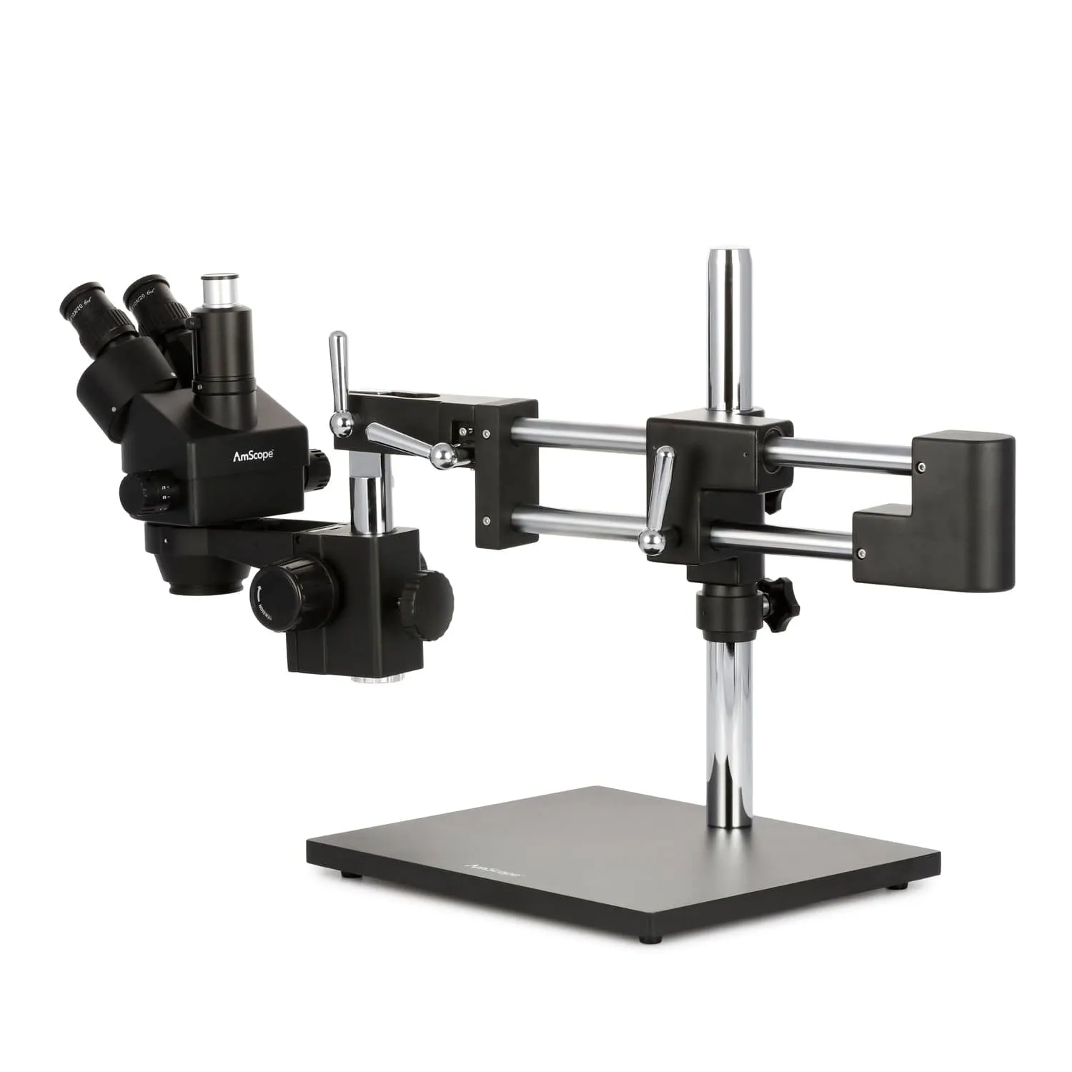AmScope SM-4 Series Zoom Trinocular Stereo Microscope 7X-45X Magnification on Black Double Arm Boom Stand