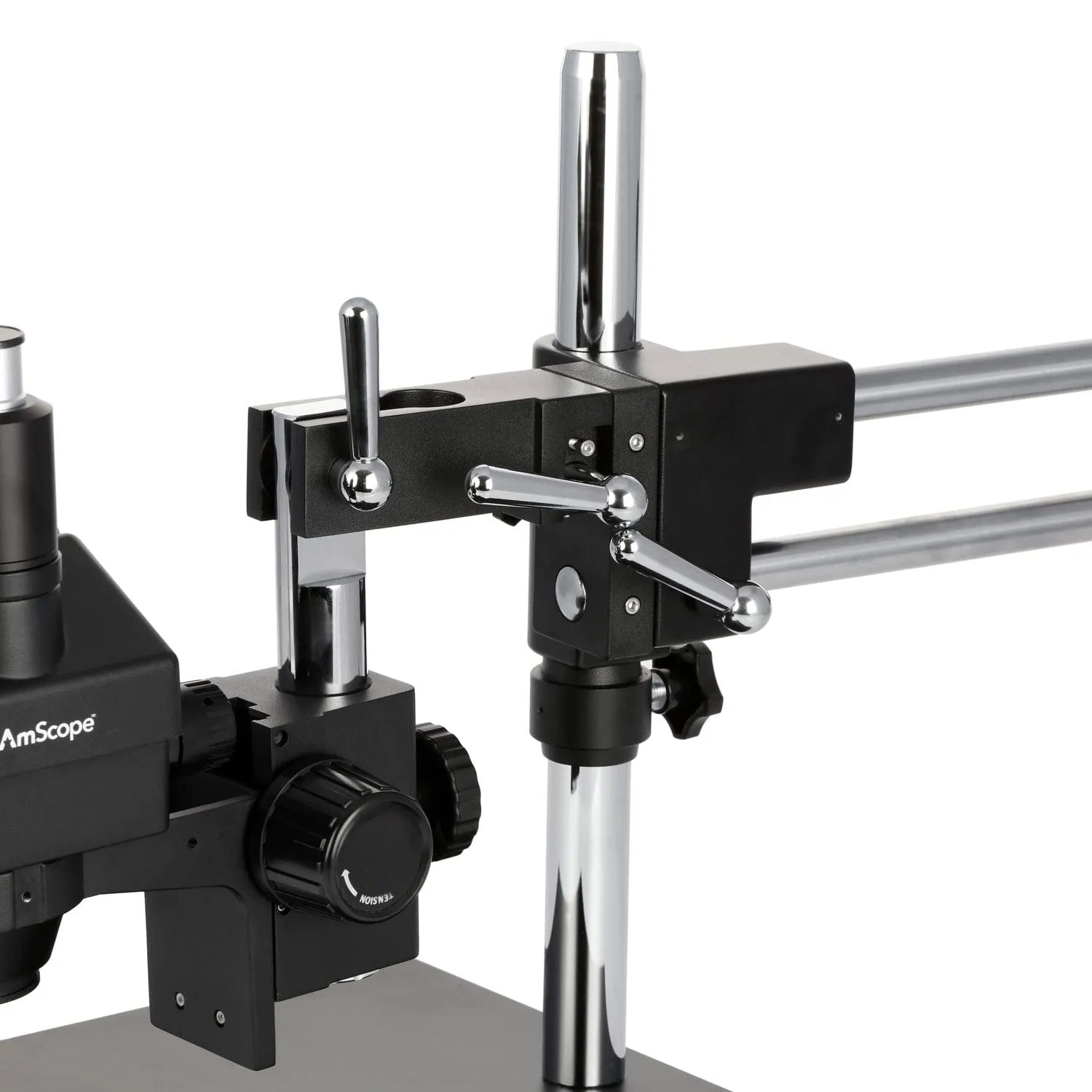 AmScope SM-4 Series Zoom Trinocular Stereo Microscope 7X-90X Magnification on Black Double Arm Boom Stand