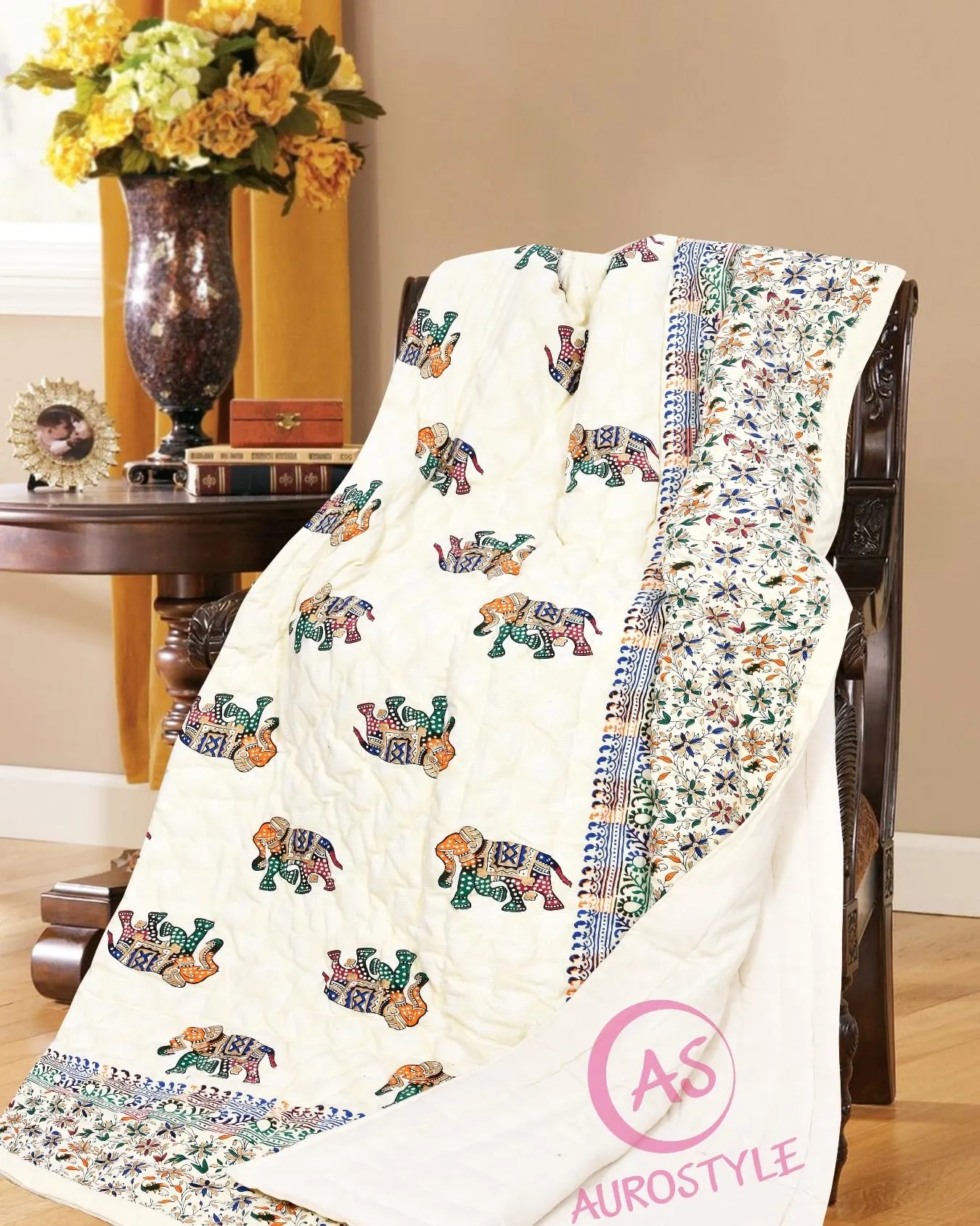 AUROSTYLE 400 Tc Pure Cotton Traditional Jaipuri Design Printed Light Weight Single Bed Quilt/Razai/Rajai - [Single Bed- 85 X 55 Inches] (Design 7), White