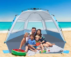 Beach Tent Instant Pop up Sun Shade Shelter for 4-6 Person with UV ProtectionExtended Floor3 Mesh Roll Up Windows with Carry Bag, Sandbags, Stakes(Sky Blue)
