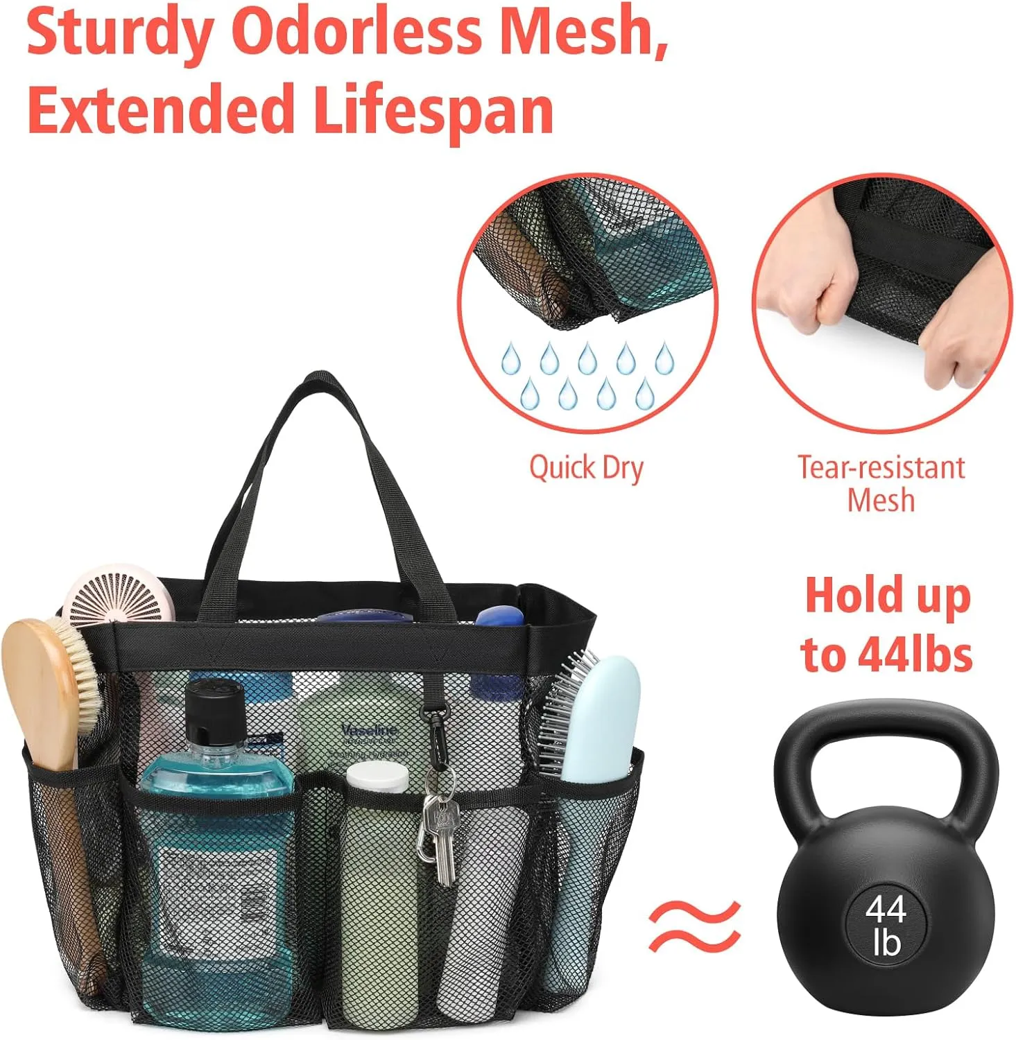 F-color Mesh Shower Caddy Portable, Upgrade Deeper 7 Pockets Shower Bag Basket Tote for College Dorm Room Toiletry Bathroom Essentials Gym Camp Quick Dry 2 handles with S Hook, Black