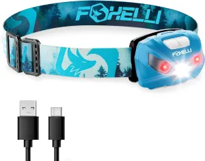 Foxelli Rechargeable LED Headlamp - Super Bright, Lightweight and Comfortable Head Light for Running, Camping, Hiking and Work, Suitable for Adults and Kids