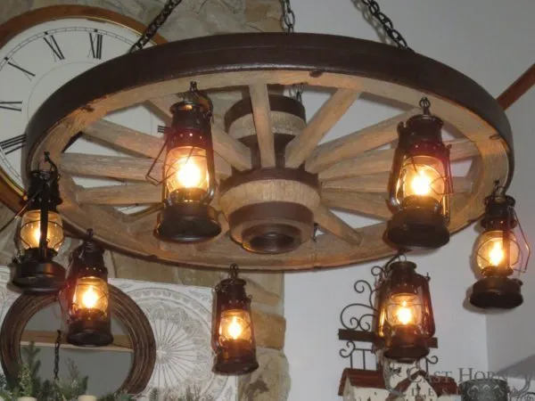 Large Wagon Wheel Chandelier with Lanterns