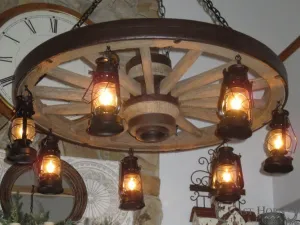 Large Wagon Wheel Chandelier with Lanterns