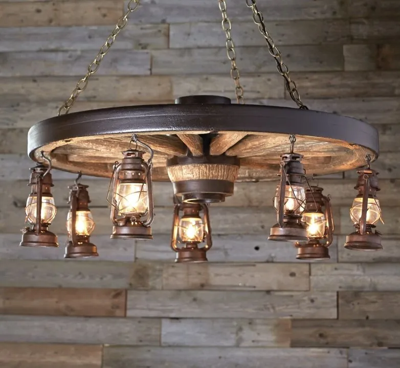 Large Wagon Wheel Chandelier with Lanterns