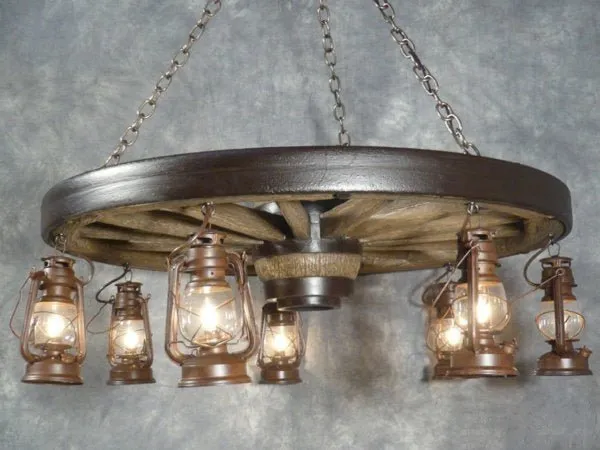 Large Wagon Wheel Chandelier with Lanterns