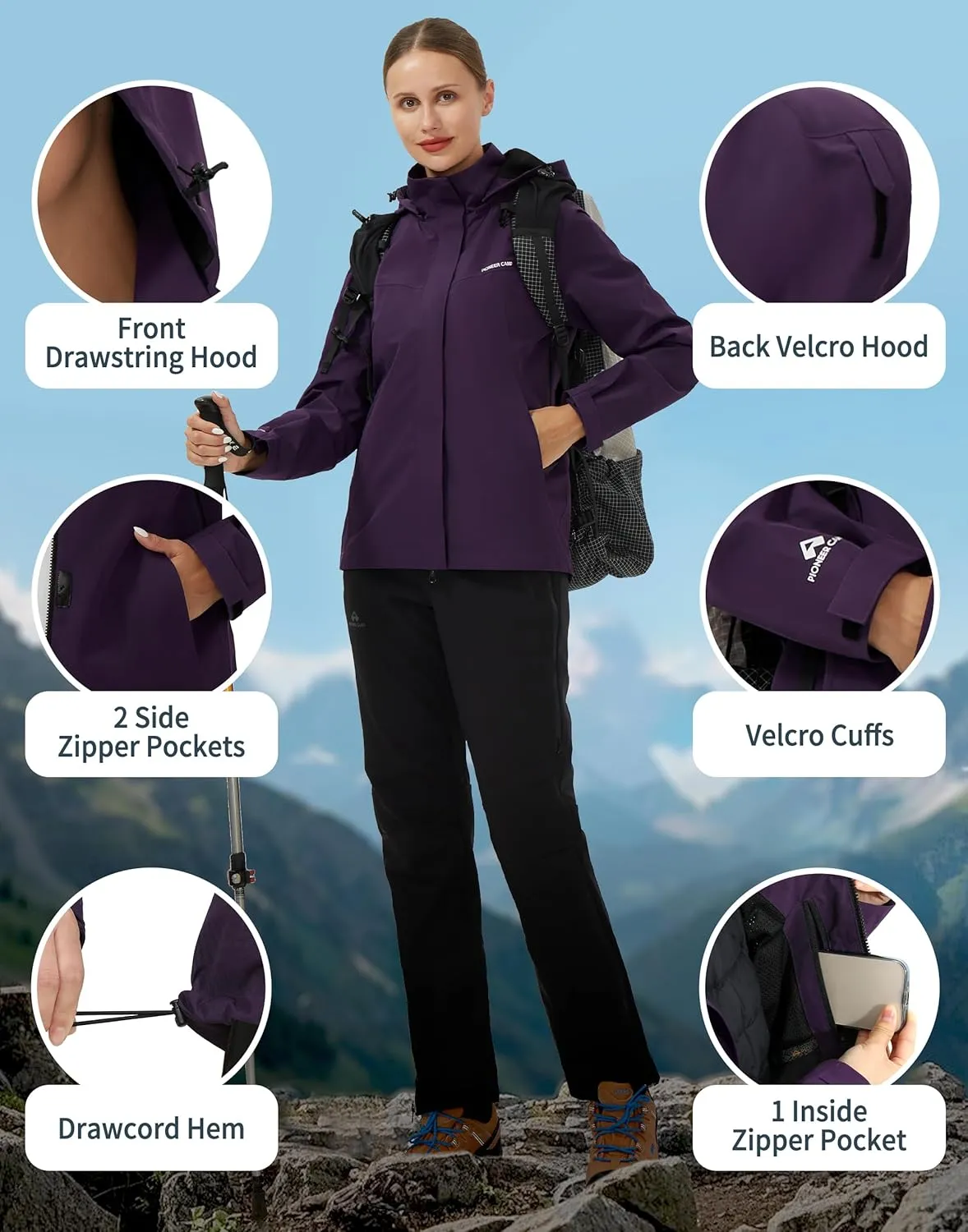 Pioneer Camp Women's Rain Jacket Waterproof Shell Jacket Hooded Windbreaker Lightweight Rain Coats for Outdoor Hiking Travel