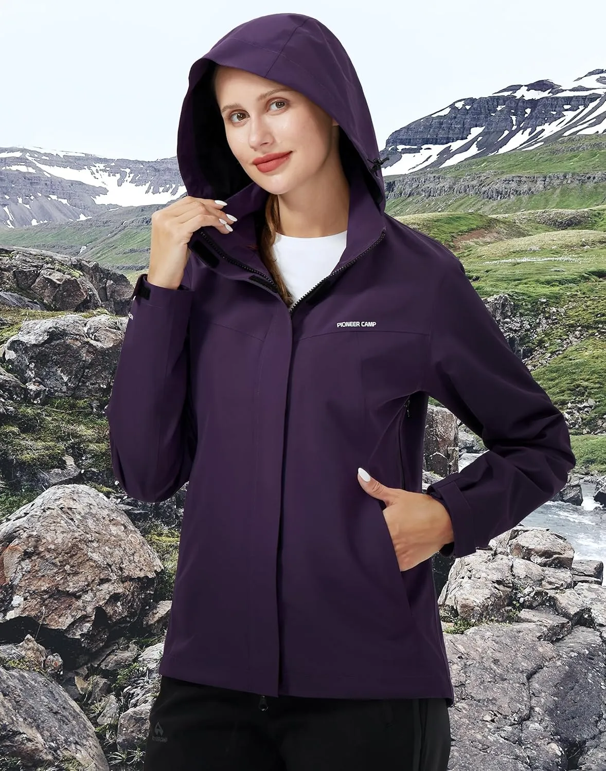 Pioneer Camp Women's Rain Jacket Waterproof Shell Jacket Hooded Windbreaker Lightweight Rain Coats for Outdoor Hiking Travel