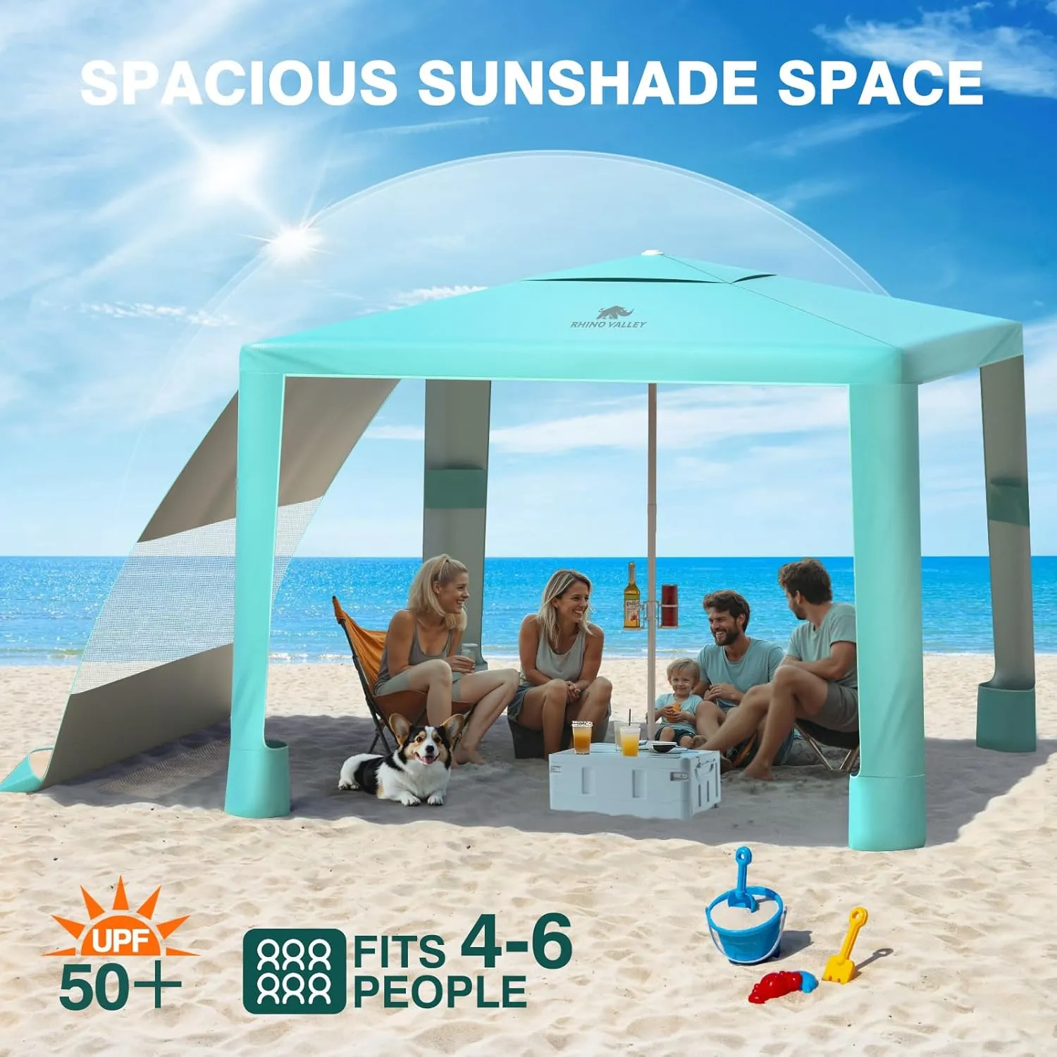 Rhino Valley Beach Cabana, 8  8FT Foldable Beach Tent with Cup Holder, Beach Canopy Easy Setup with UPF50  Protection, Windproof Stable Beach Tent, Portable Beach Cabana Tent for Beach Camping