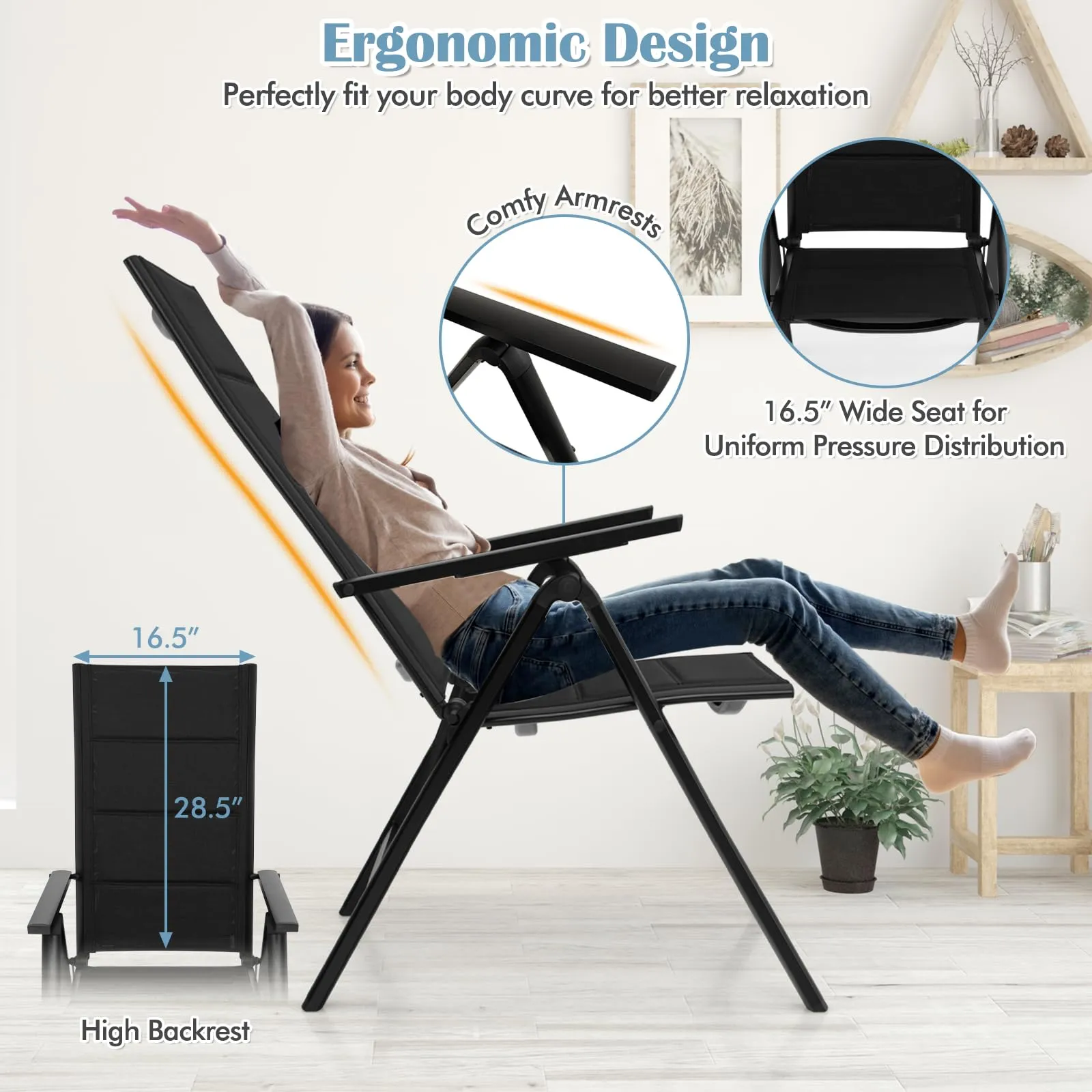 Tangkula Patio Folding Chair, Outdoor Dining Chairs with Soft Padded Seat, 7-Position Adjustable Backrest, Armrests