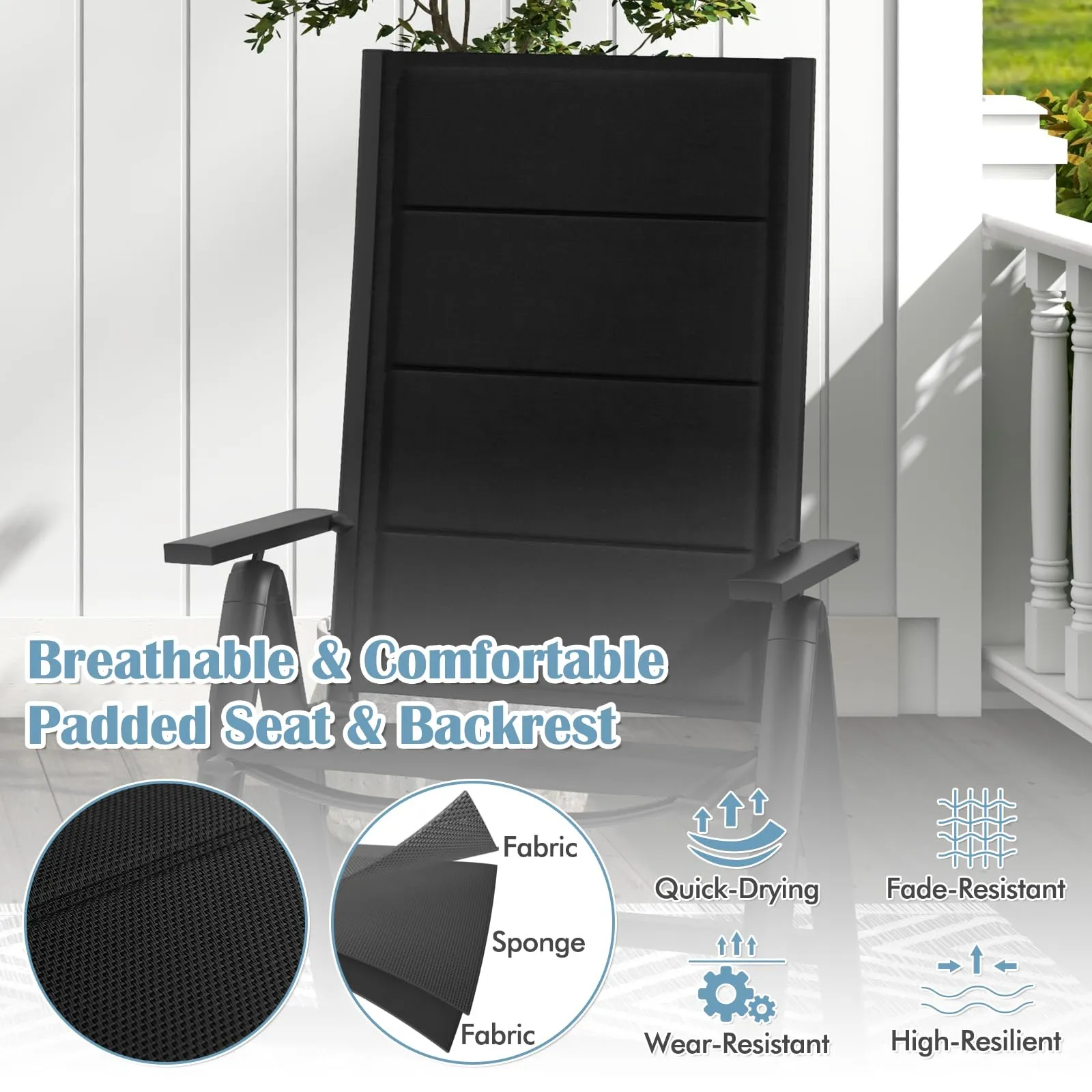 Tangkula Patio Folding Chair, Outdoor Dining Chairs with Soft Padded Seat, 7-Position Adjustable Backrest, Armrests