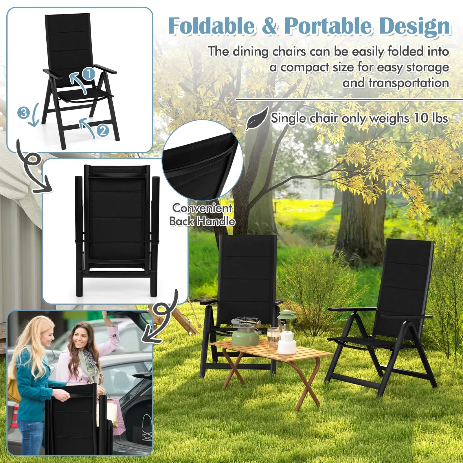 Tangkula Patio Folding Chair, Outdoor Dining Chairs with Soft Padded Seat, 7-Position Adjustable Backrest, Armrests