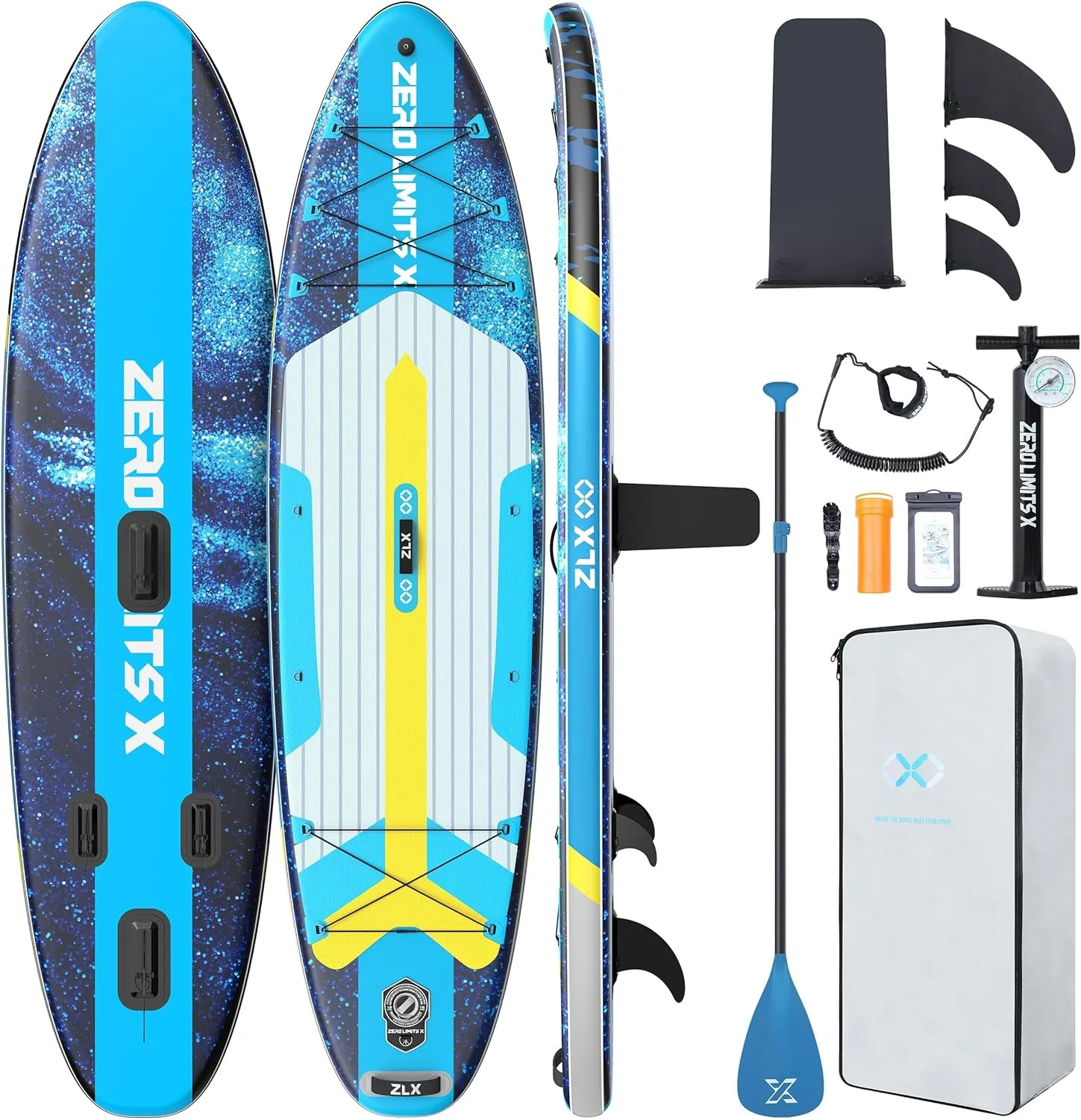 ZLX 10'6" Inflatable Stand Up Paddle Board, Extra Wide Stable Non-Slip Deck Pad, Unique Center Fin, Portable Paddleboard for Adults, Premium Blow Up Paddle Boards SUP for Beginners, All Skill Levels