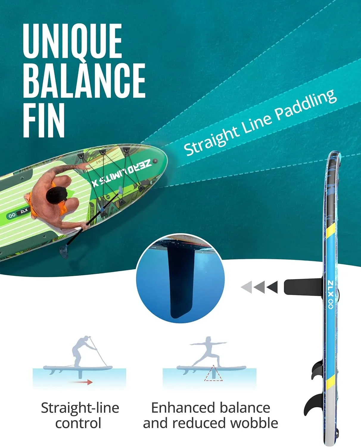 ZLX 10'6" Inflatable Stand Up Paddle Board, Extra Wide Stable Non-Slip Deck Pad, Unique Center Fin, Portable Paddleboard for Adults, Premium Blow Up Paddle Boards SUP for Beginners, All Skill Levels